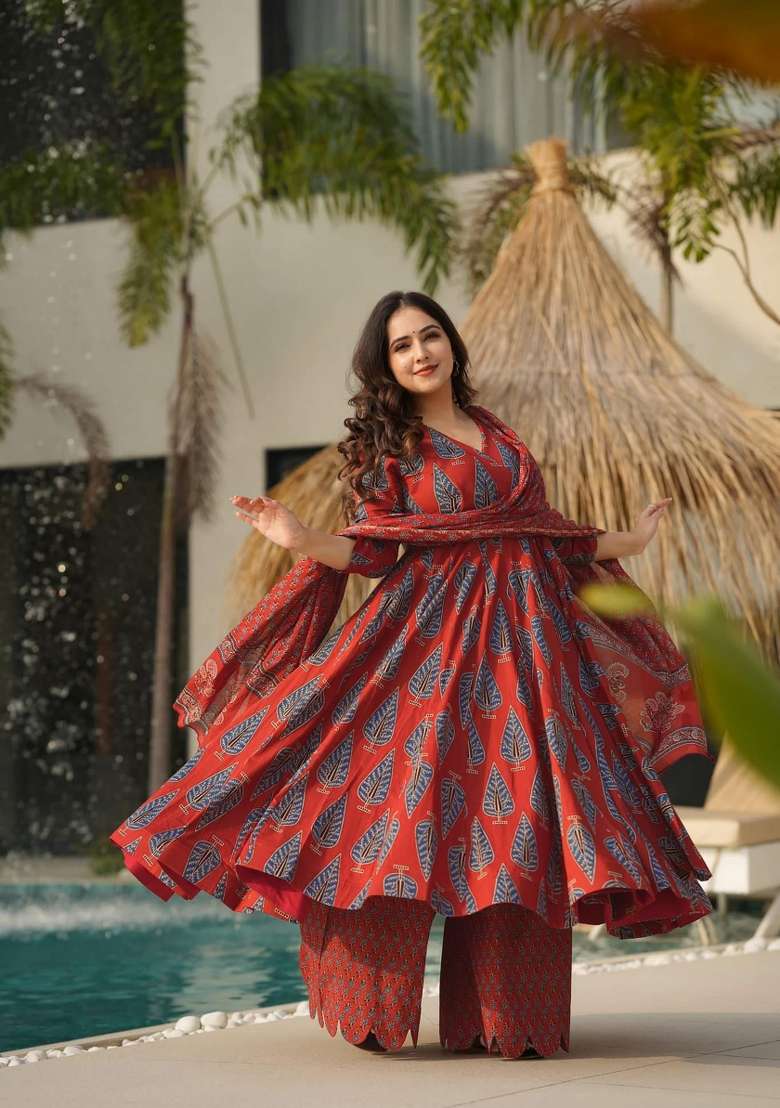 Red Printed Silk Anarkali Set - Indya