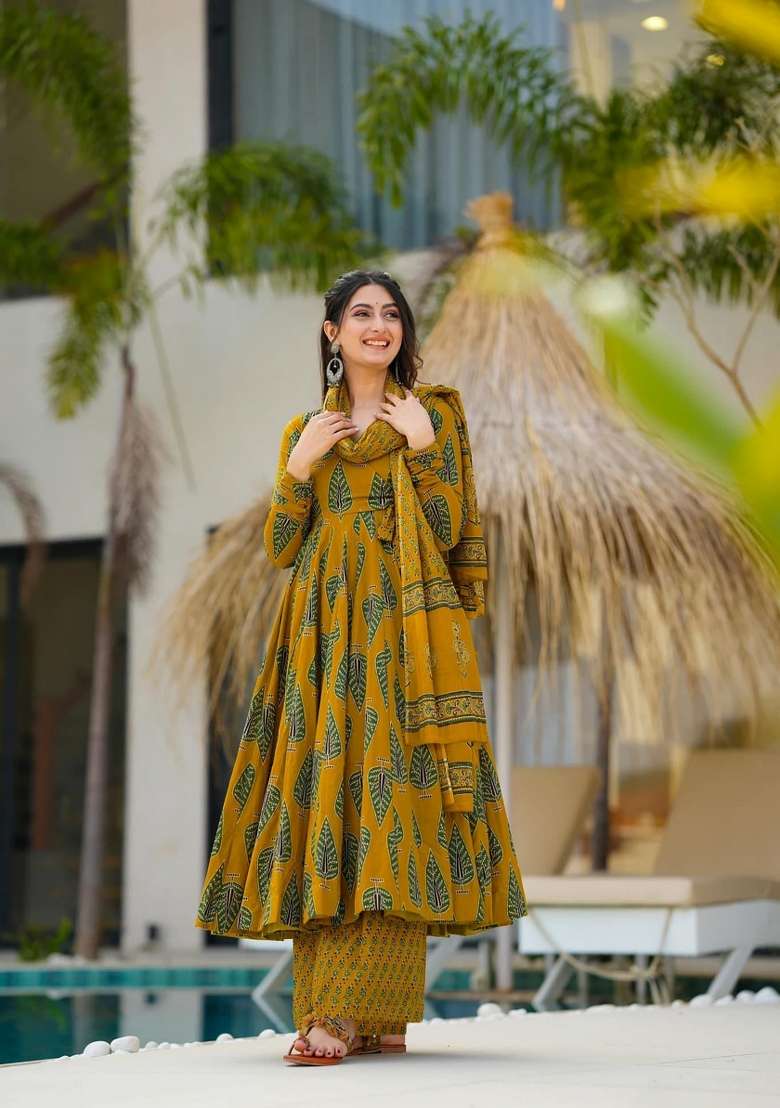 Mustard Yellow Printed Silk Anarkali Set - Indya