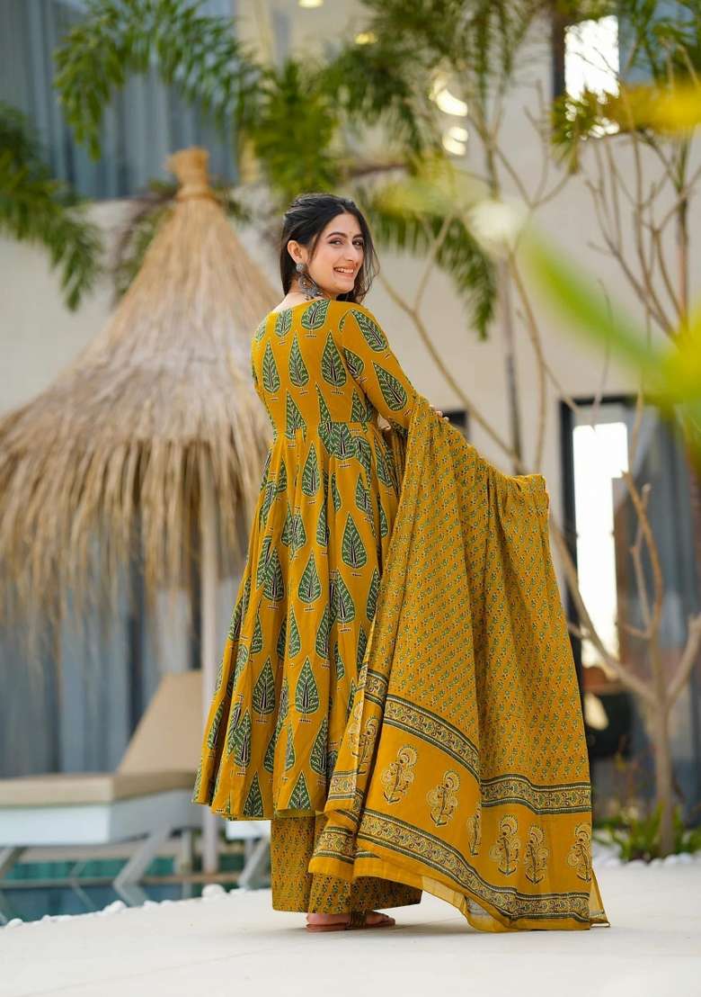 Mustard Yellow Printed Silk Anarkali Set - Indya