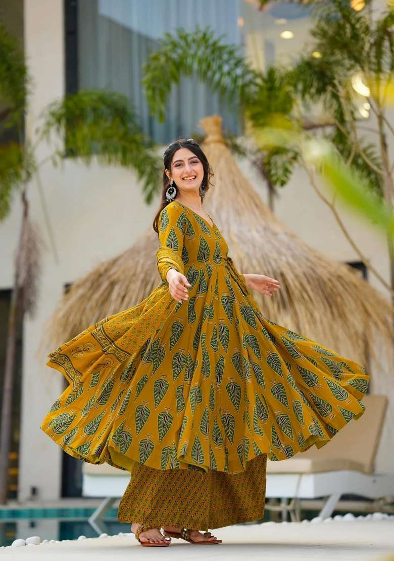 Mustard Yellow Printed Silk Anarkali Set - Indya