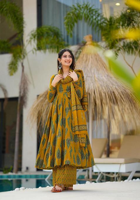 Mustard Yellow Printed Art Silk Anarkali Set