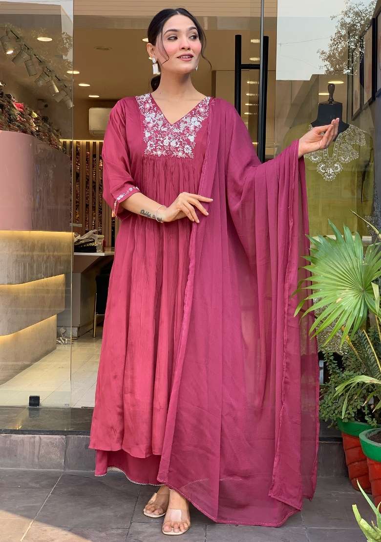 Pink Embroidered Viscose Anarkali - Indya