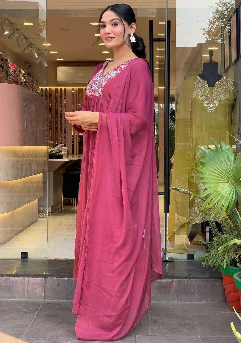 Pink Embroidered Viscose Anarkali - Indya