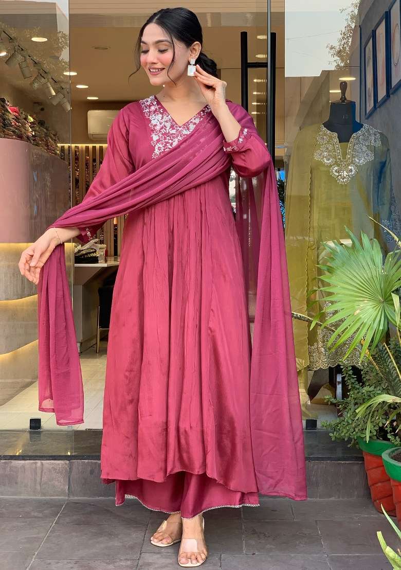 Pink Embroidered Viscose Anarkali - Indya