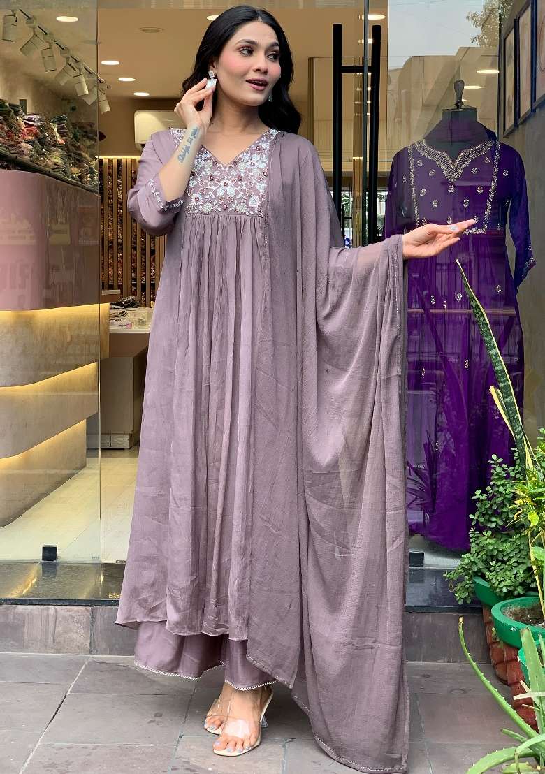 Grey Embroidered Viscose Anarkali - Indya