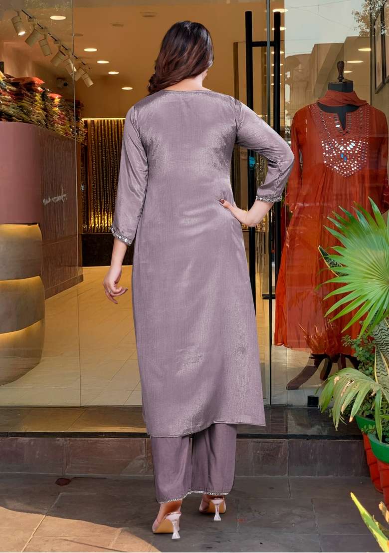 Grey Embroidered Viscose Anarkali - Indya