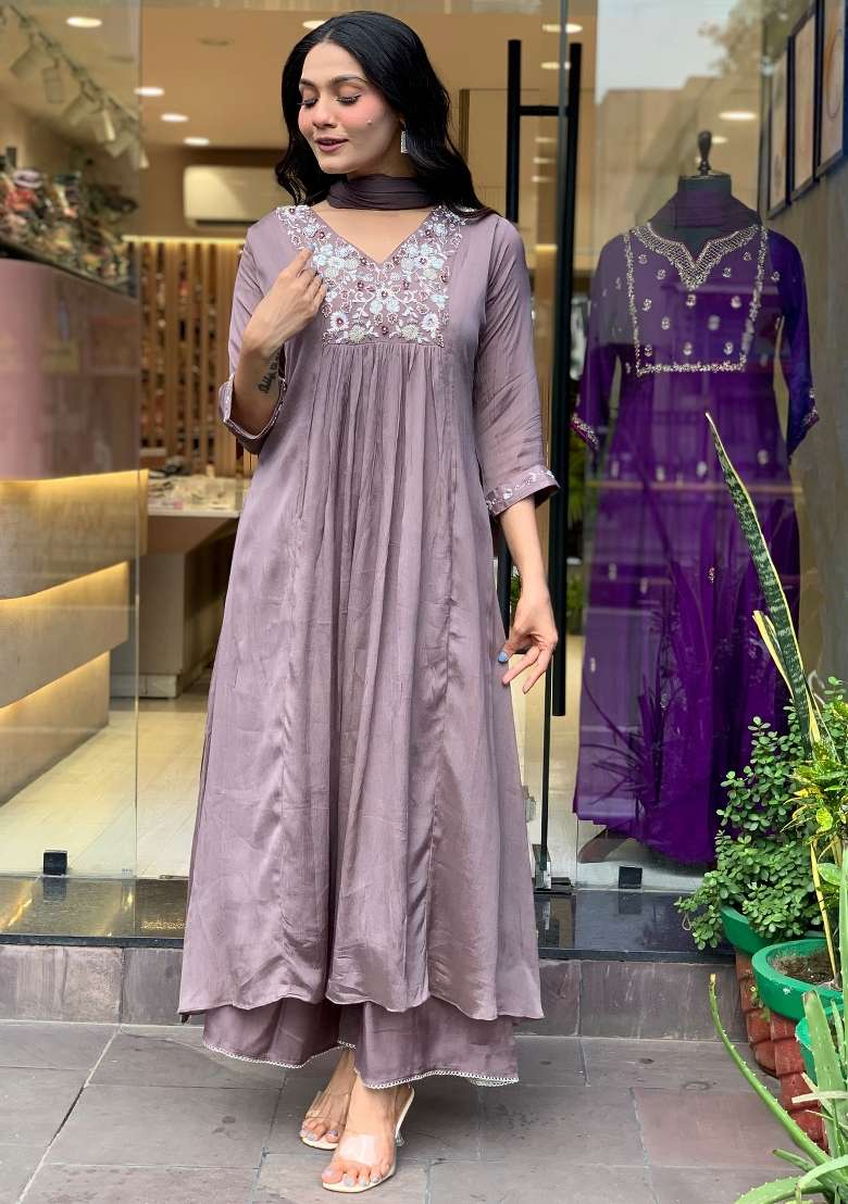 Grey Embroidered Viscose Anarkali - Indya