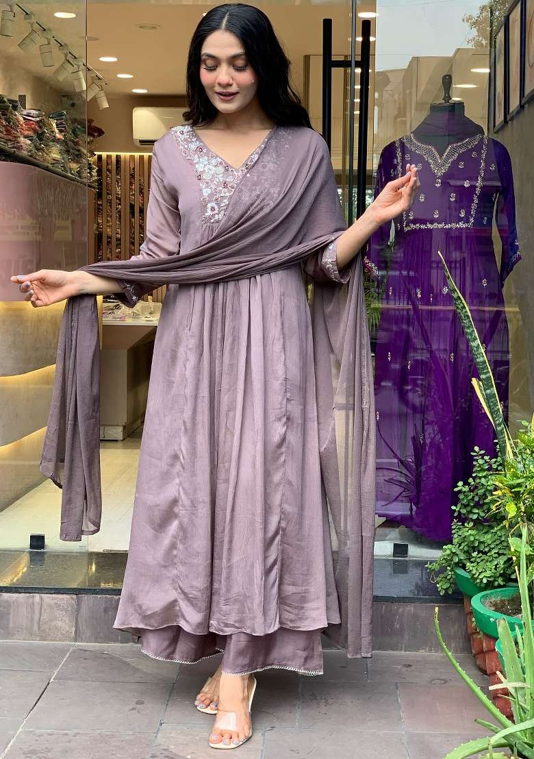 Grey Embroidered Viscose Anarkali - Indya