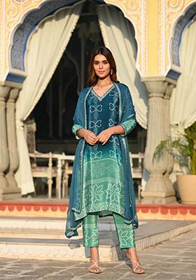 Green Embroidered Art Silk Salwar Kameez