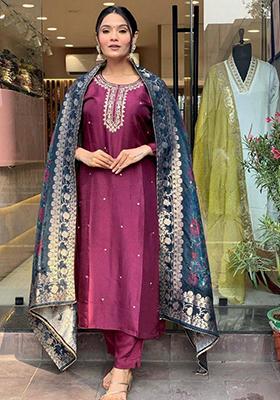 Purple Embroidered Viscose Salwar Kameez