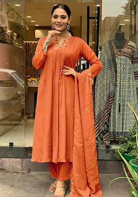 Orange Embroidered Viscose Salwar Kameez