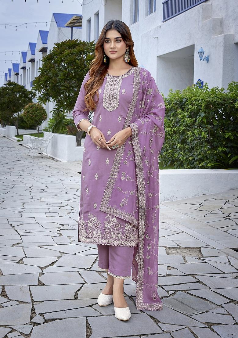 Purple Embroidered Chanderi Salwar Kameez