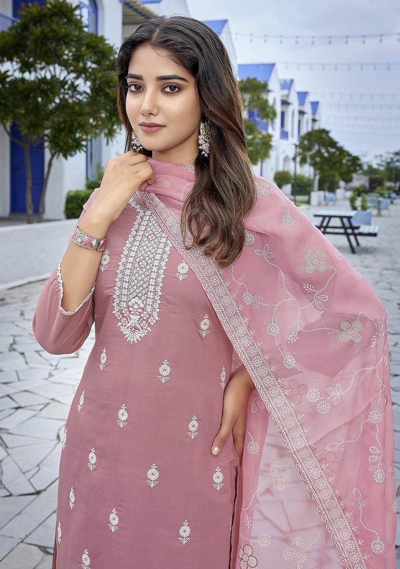 Mauve Blue Embroidered Chanderi Salwar Kameez - Indya