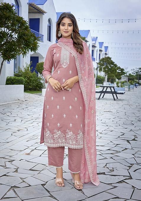 Mauve Blue Embroidered Chanderi Salwar Kameez