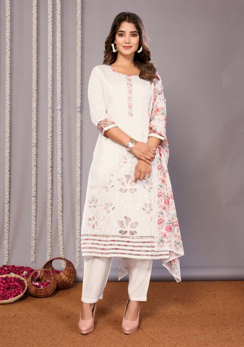 White Printed Chanderi Salwar Kameez - Indya