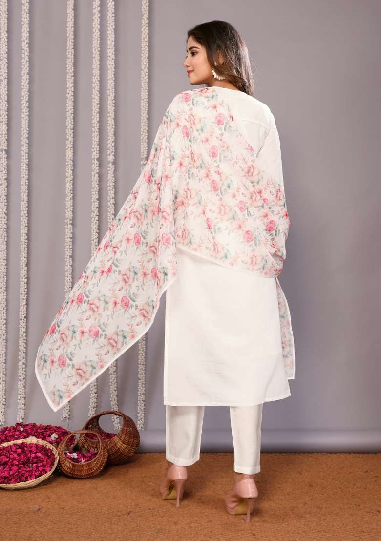 White Printed Chanderi Salwar Kameez - Indya