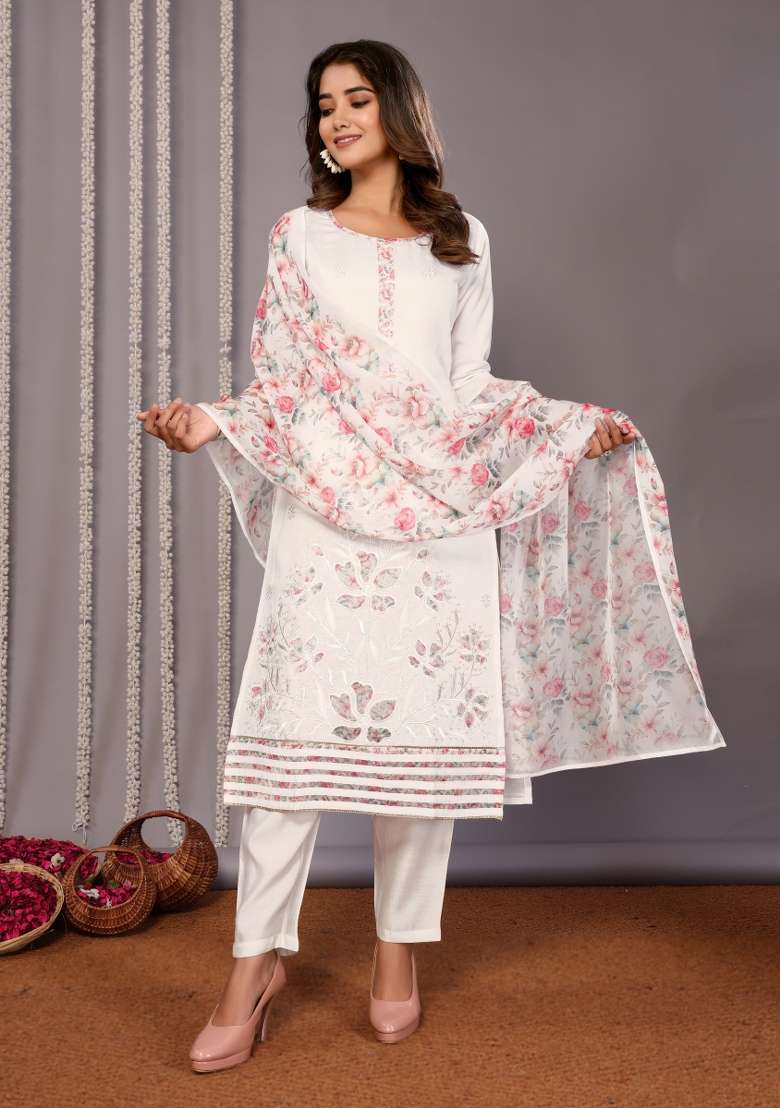 White Printed Chanderi Salwar Kameez - Indya