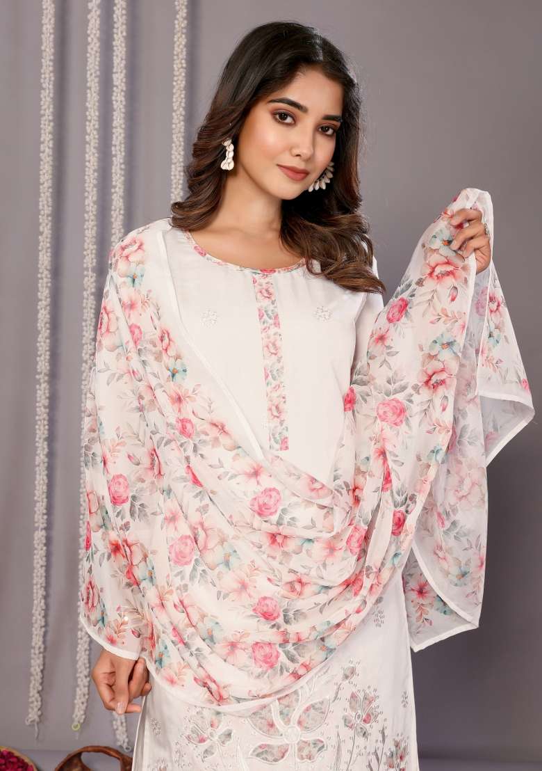 White Printed Chanderi Salwar Kameez - Indya