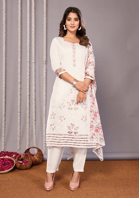 White Printed Chanderi Salwar Kameez