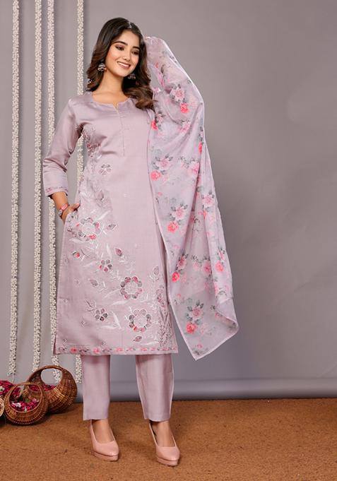 Lavender Printed Chanderi Salwar Kameez