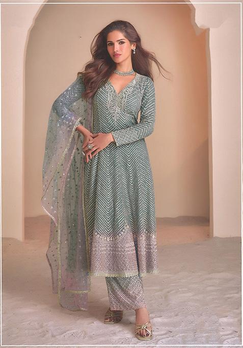 Teal Blue Embroidered Georgette Palazzo Set