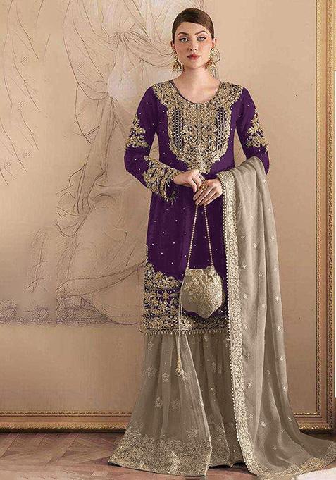 Purple Embroidered Georgette Sharara Set
