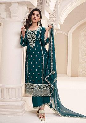 Teal Blue Embroidered Silk Palazzo Set