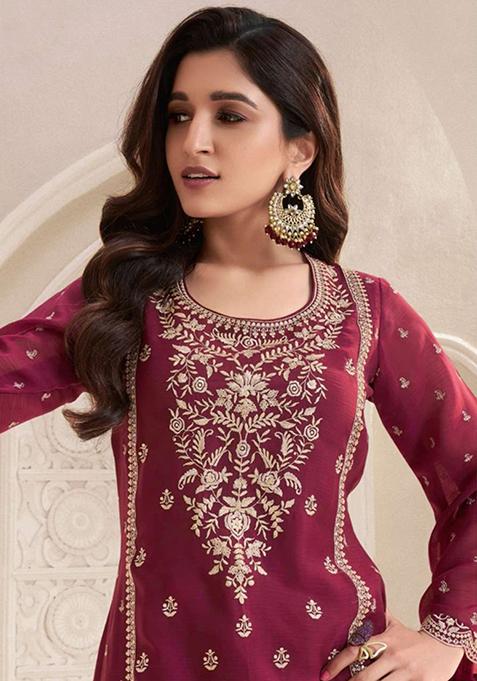 Women Maroon And Peach Embroidered Salwar Kameez Suit