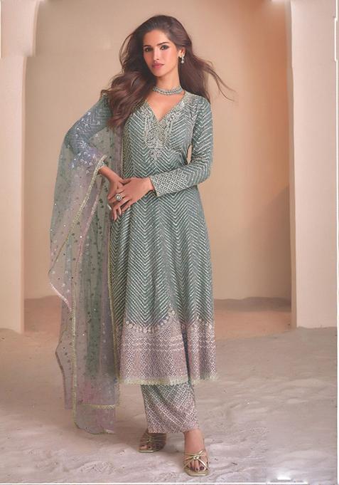 Grey Embroidered Georgette Palazzo Set
