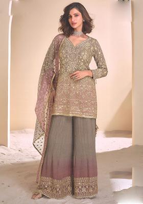 Lightbrown Embroidered Georgette Palazzo Set