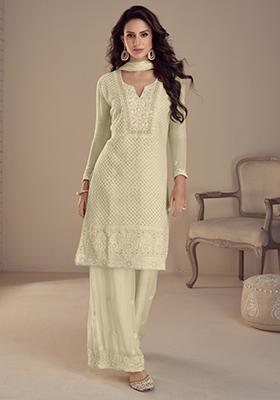 Off White Embroidered Georgette Palazzo Set