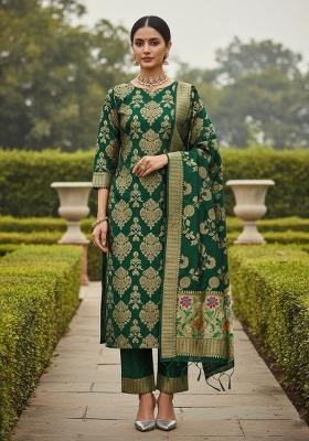Green Zari Work Banarasi Silk Dress Material