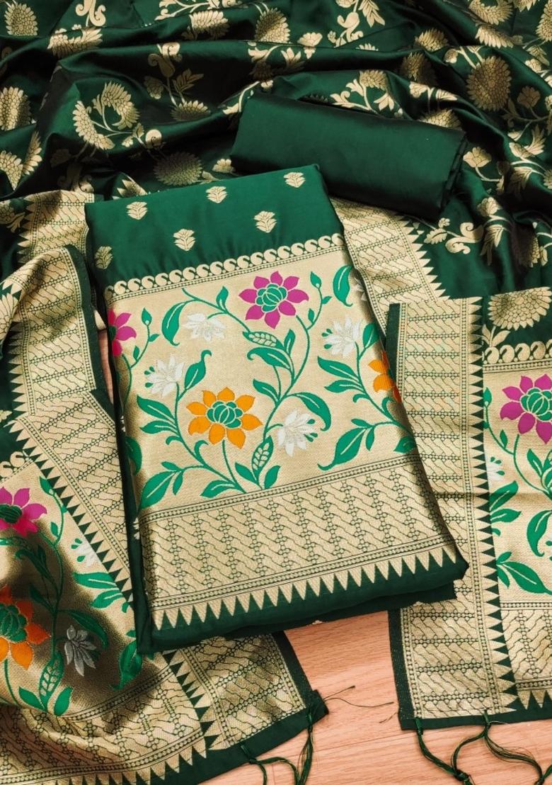 Green Zari Work Banarasi Silk Dress Material