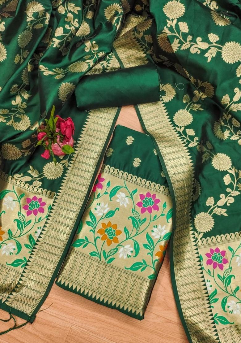 Green Zari Work Banarasi Silk Dress Material