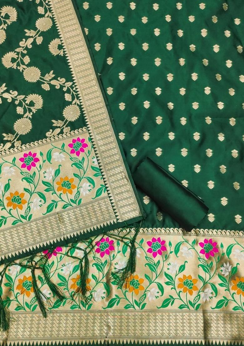 Green Zari Work Banarasi Silk Dress Material