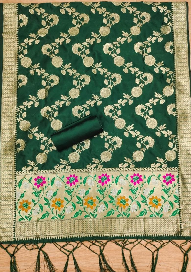 Green Zari Work Banarasi Silk Dress Material