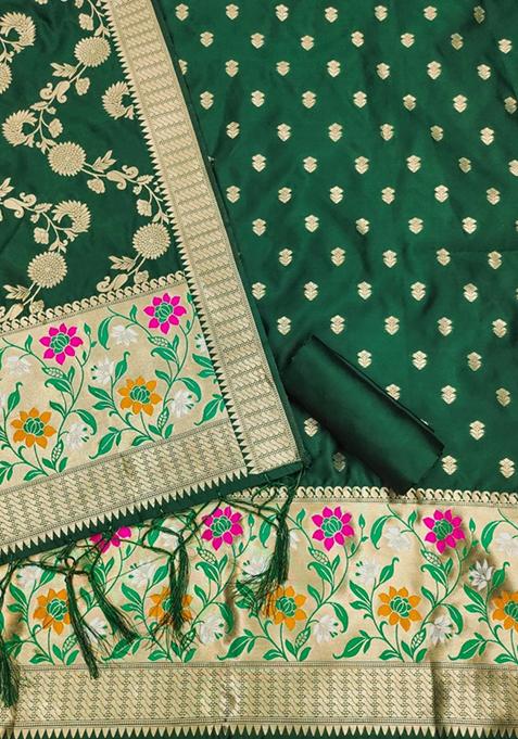 Green Zari Work Banarasi Silk Dress Material