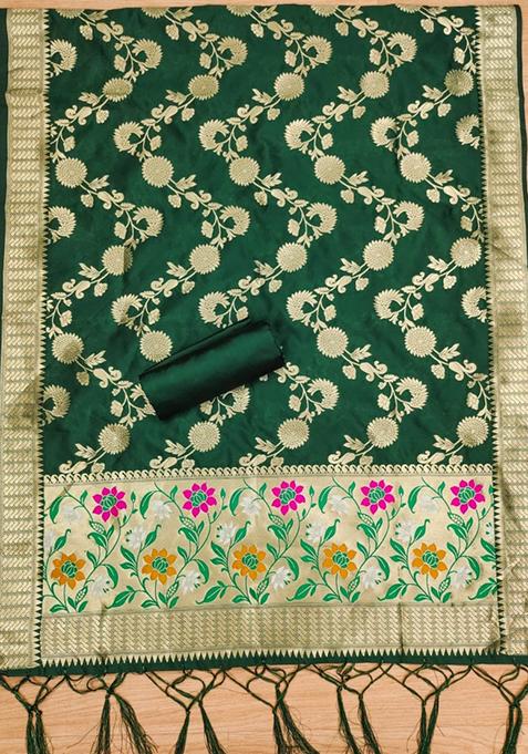 Green Zari Work Banarasi Silk Dress Material