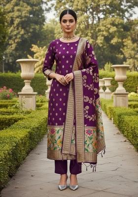 Purple Zari Work Banarasi Silk Dress Material
