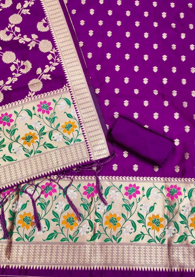 Purple Zari Work Banarasi Silk Dress Material