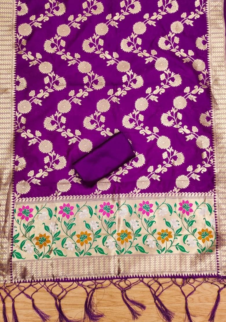 Purple Zari Work Banarasi Silk Dress Material