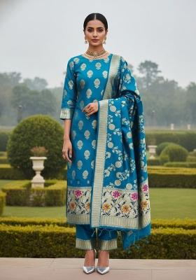 Rama Green Zari Work Banarasi Silk Dress Material