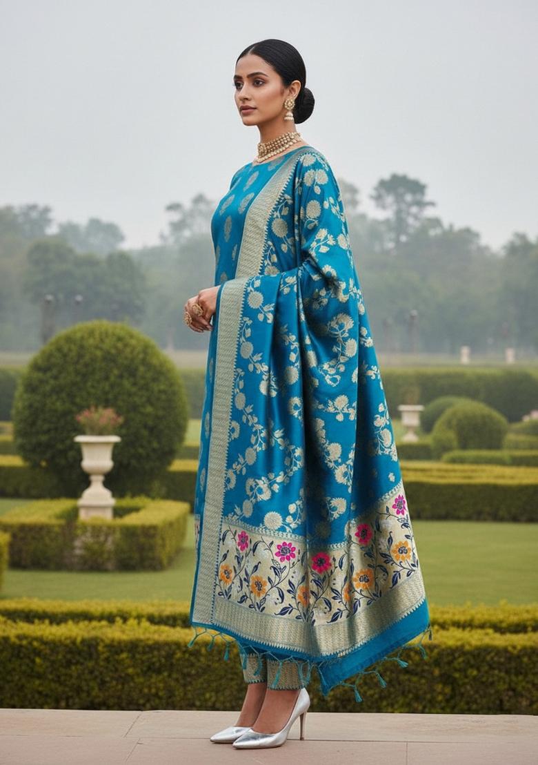 Rama Green Zari Work Banarasi Silk Dress Material - Indya