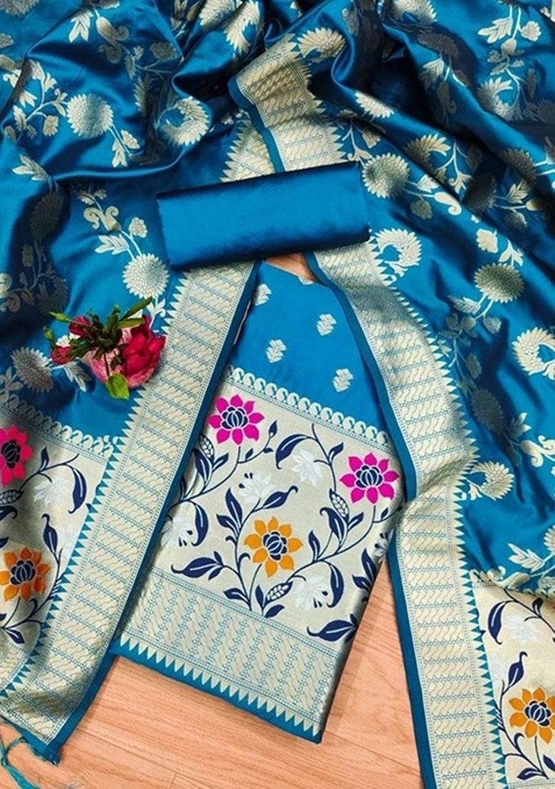 Rama Green Zari Work Banarasi Silk Dress Material - Indya