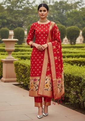 Red Zari Work Banarasi Silk Dress Material