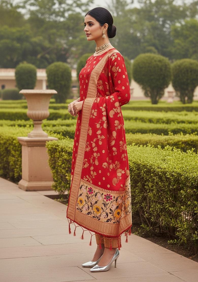 Red Zari Work Banarasi Silk Dress Material - Indya