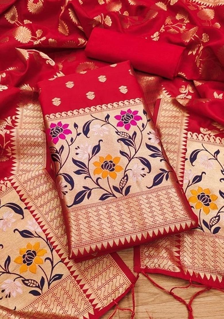 Red Zari Work Banarasi Silk Dress Material - Indya