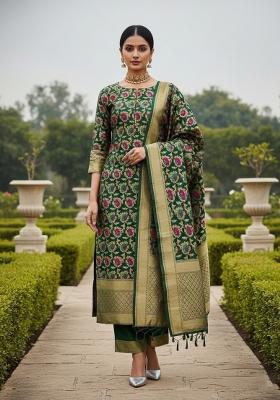 Bottle Green Zari Work Banarasi Silk Dress Material