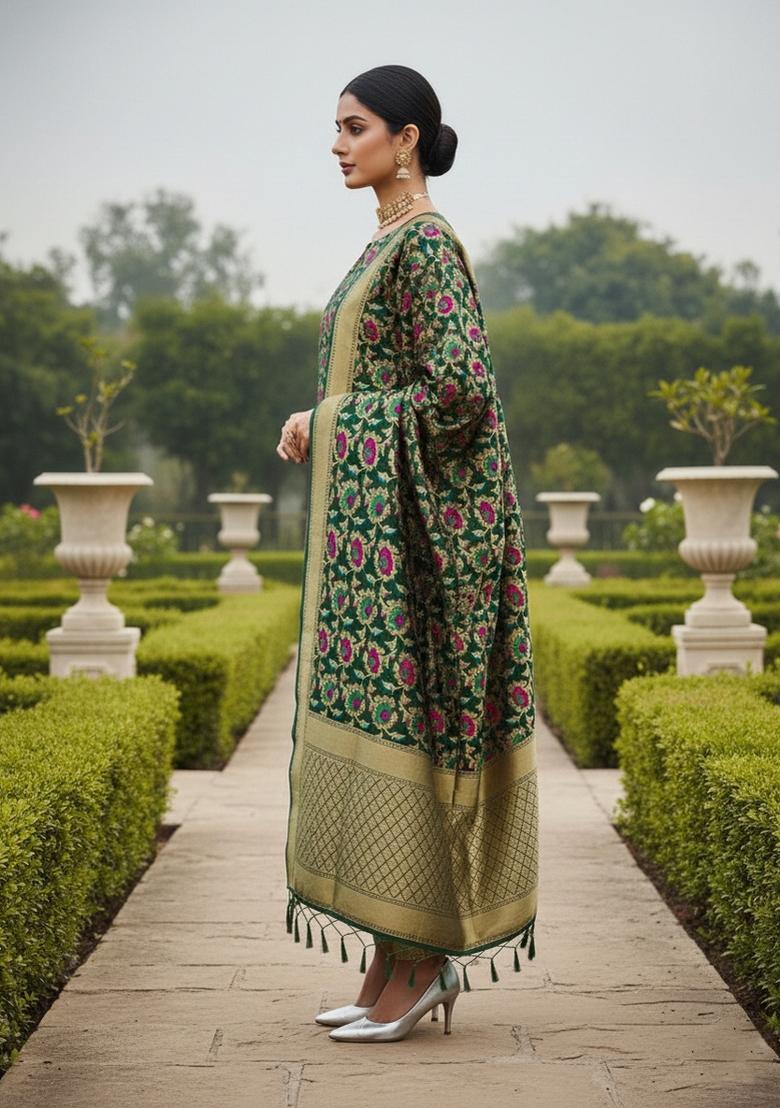 Bottle Green Zari Work Banarasi Silk Dress Material - Indya