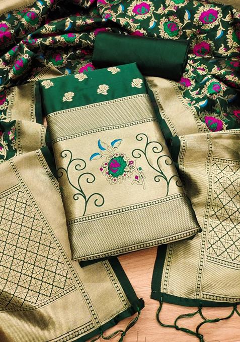 Bottle Green Zari Work Banarasi Silk Dress Material